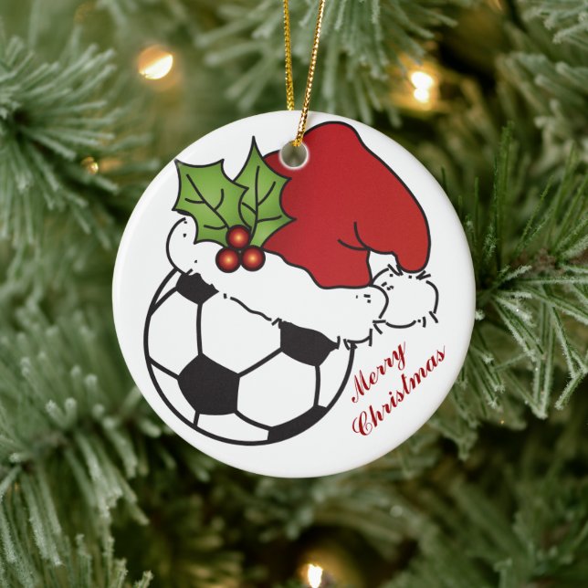 Soccer Ball Santa's Hat Christmas Ceramic Ornament (Tree)