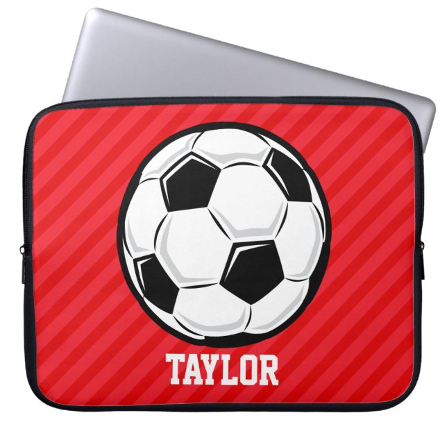 Soccer Ball; Scarlet Red Stripes Laptop Sleeve (Front)