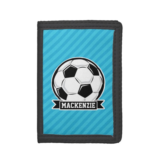 Soccer Ball; Sky Blue Stripes Trifold Wallet (Front Vertical)