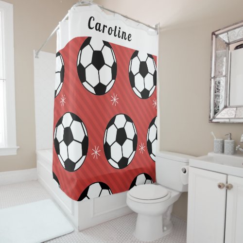 Soccer Ball Snow Red Festive Vibrant Personalized  Shower Curtain