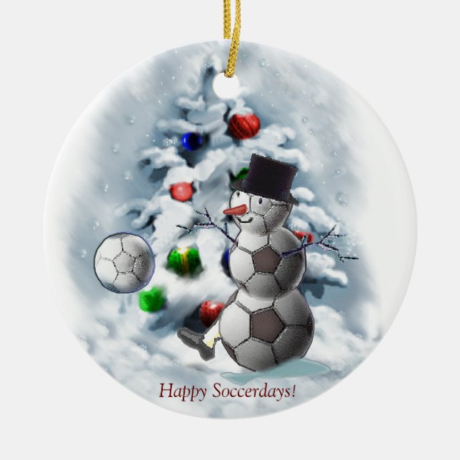 Soccer Ball Snowman Christmas Ceramic Ornament (Front)