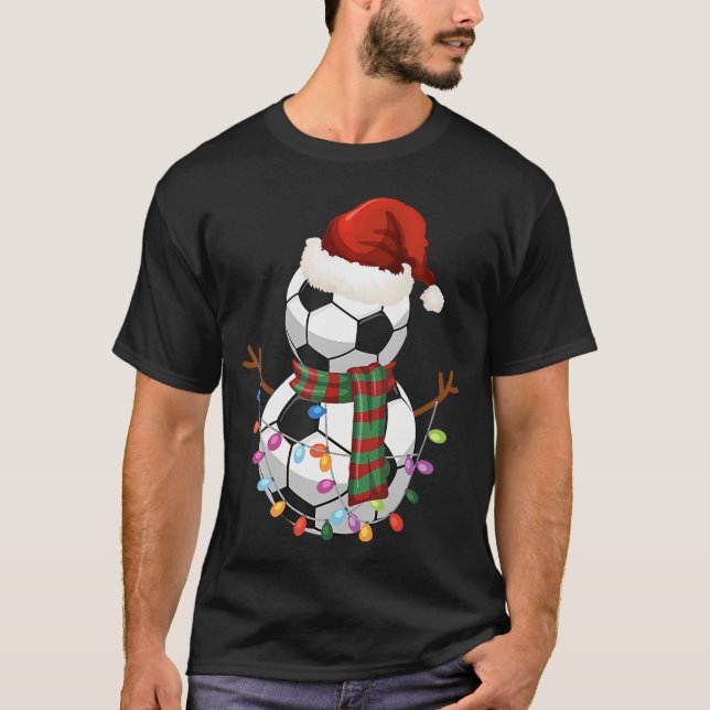 Soccer Ball Snowman Santa Hat Christmas Holiday T-Shirt (Front)
