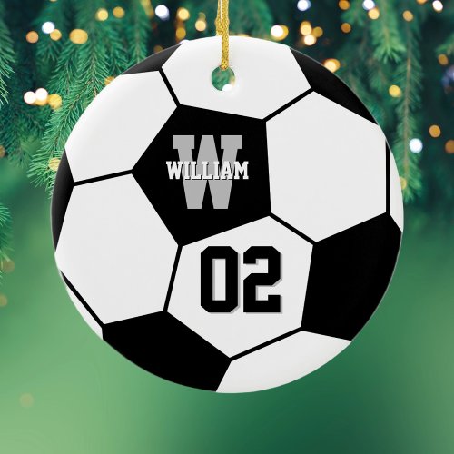 Soccer Ball Soccer Player Name and Team Number Ceramic Ornament
