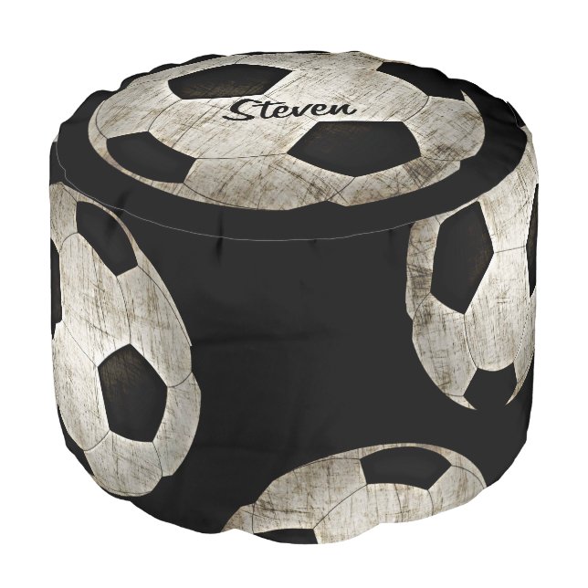 Soccer Ball Sport Black White Personalized Kids Pouf (Angled Front)