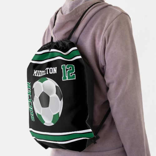 Soccer Ball  Sport _ Dark Green Black  White Drawstring Bag
