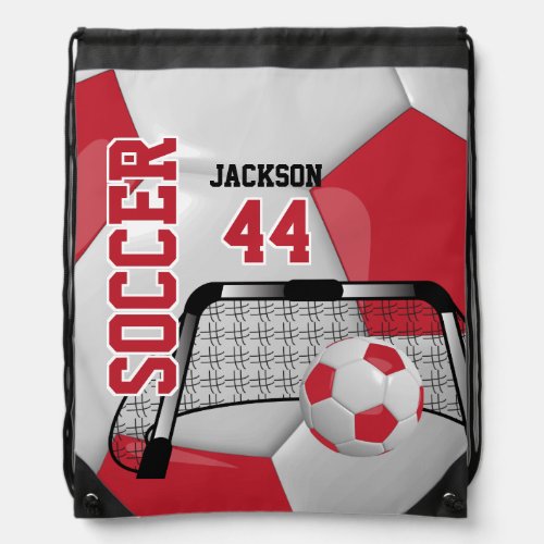Soccer Ball  Sport _ Red and White  Drawstring Bag