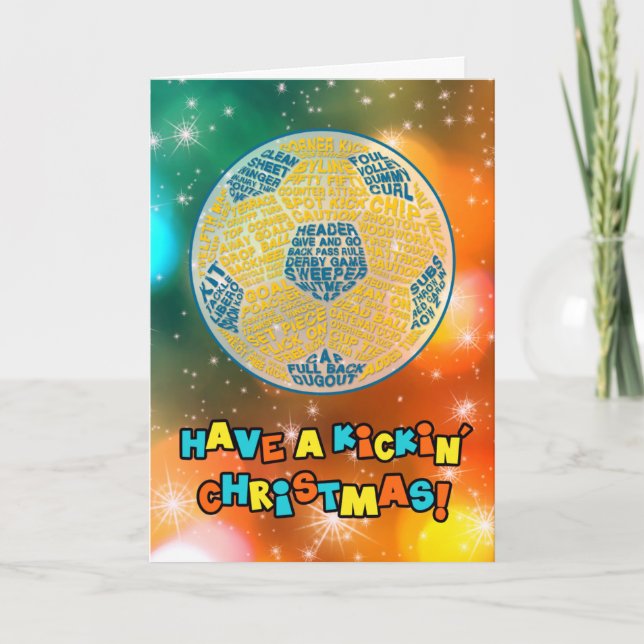 Soccer Ball Typography Blue Christmas Card (Front)