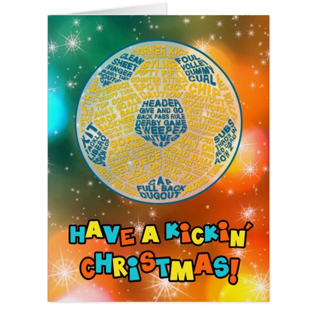 Soccer Ball Typography Blue Christmas Card (Front)