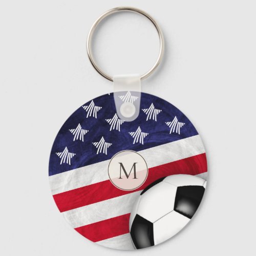Soccer ball w stylized American flag monogrammed Keychain