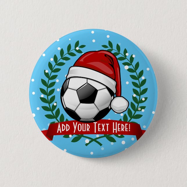 Soccer Ball Wearing a Santa Hat Christmas Button (Front)