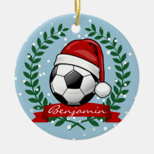 Soccer Ball Wearing a Santa Hat Christmas Ceramic Ornament