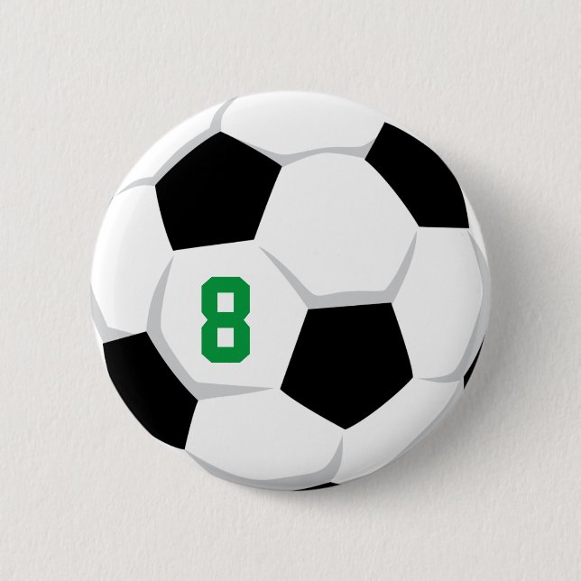 Soccer Ball White Black Green Custom Team Number Button (Front)