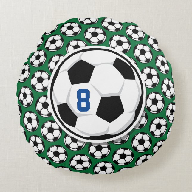 Soccer Ball White Black Green Custom Team Number  Round Pillow (Front)