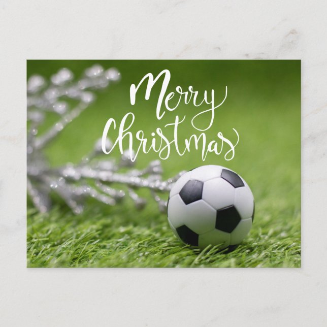 Soccer ball with Christmas decoration on green   Holiday Postcard (Front)