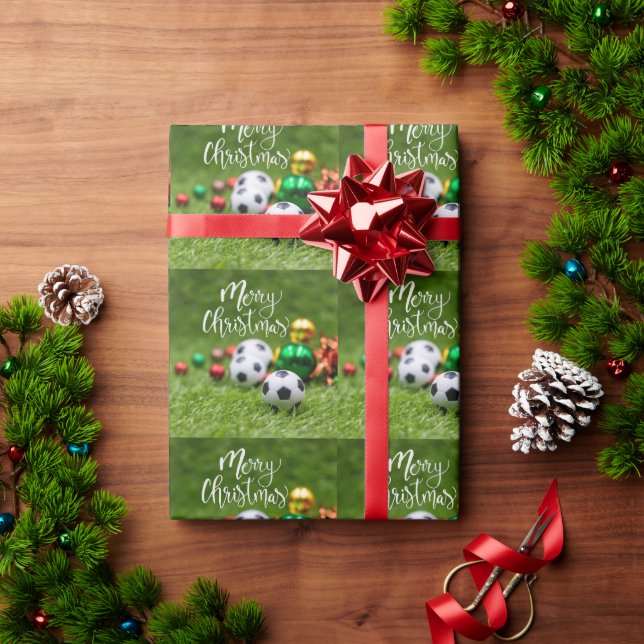 Soccer ball with Christmas decoration on green  Wrapping Paper (Holiday Gift)