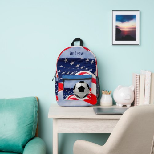 Soccer Ball with Flag Red White Blue  Printed Backpack