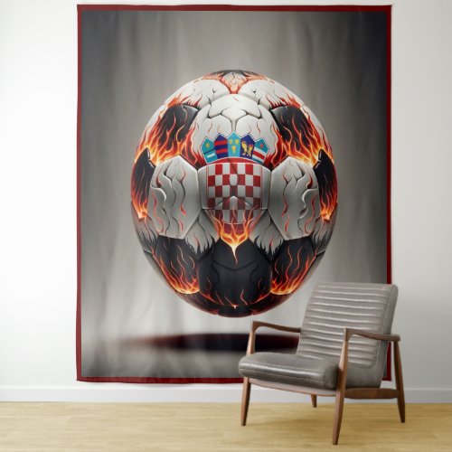Soccer ball with flames and Croatian flag Tapestry