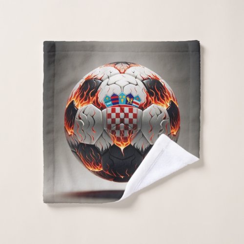 Soccer ball with flames and Croatian flag Wash Cloth