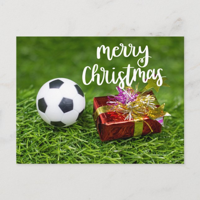 Soccer ball with Gift  Merry Christmas Postcard (Front)