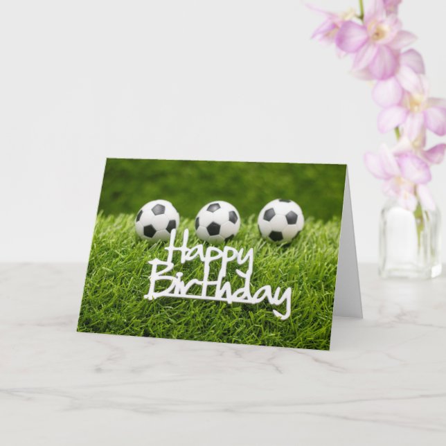 Soccer ball with Happy Birthday sign on green Card (Orchid)