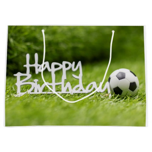 Soccer ball with Happy  Birthday sign on green  Large Gift Bag