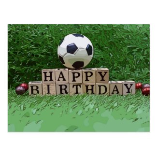 Soccer ball with Happy Birthday word on green Car Postcard