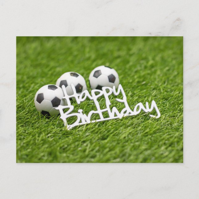 Soccer ball with Happy Birthday word on green  Postcard (Front)