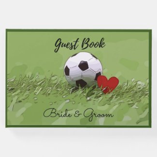 Soccer ball with red heart on green wedding  guest book