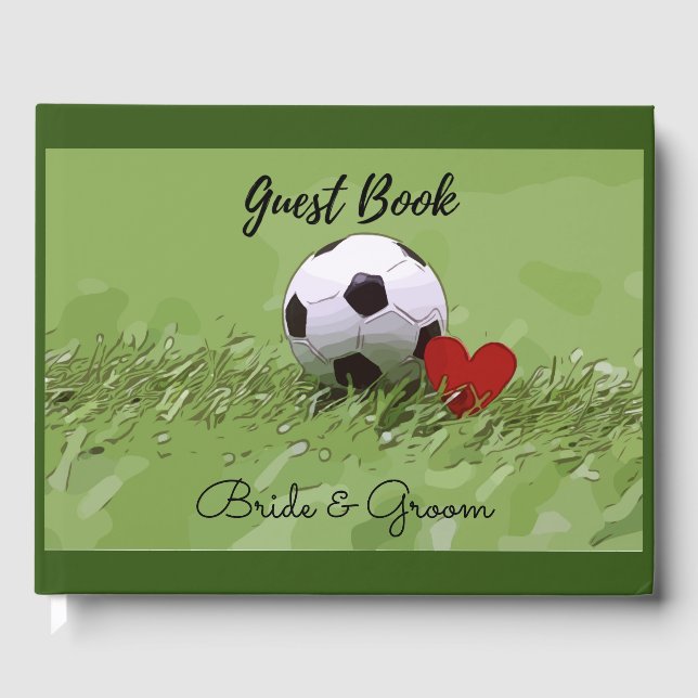 Soccer ball with red heart on green wedding  guest book (Front)