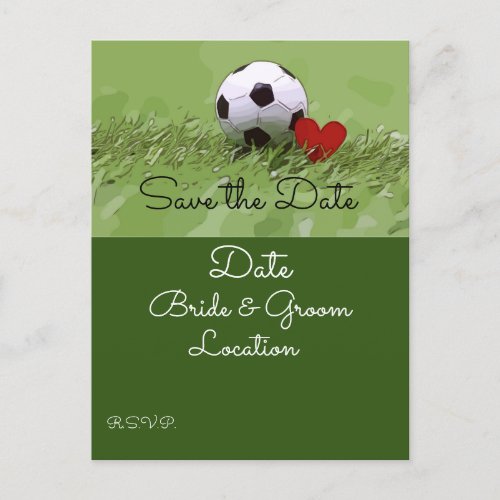 Soccer ball with red heart on green wedding   invi postcard