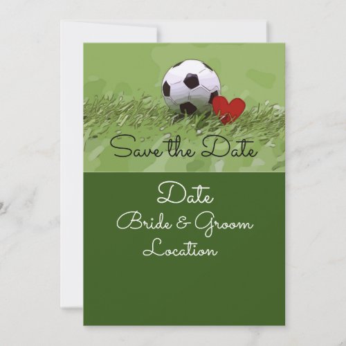 Soccer ball with red heart on green wedding   invitation
