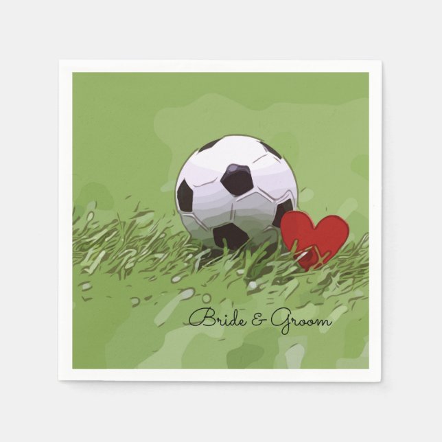 Soccer ball with red heart on green wedding napkins (Front)