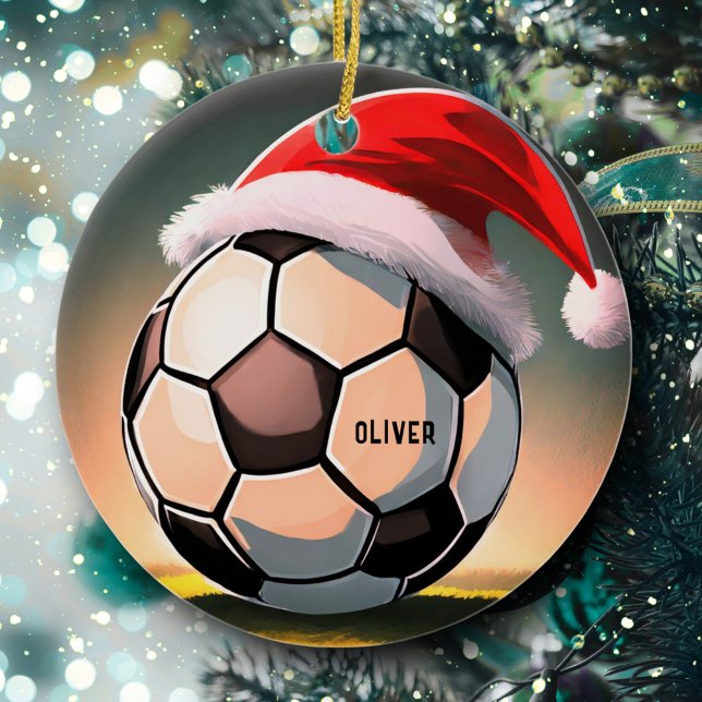 Soccer Ball with Red Santa Hat Name Christmas Ceramic Ornament (Creator Uploaded)