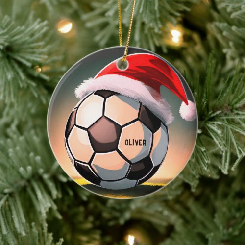 Soccer Ball with Red Santa Hat Name Christmas Ceramic Ornament