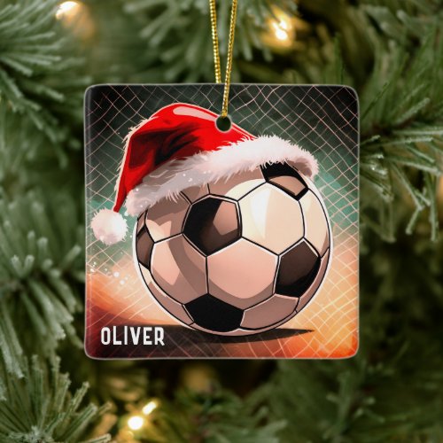 Soccer Ball with Red Santa Hat Name Christmas Ceramic Ornament