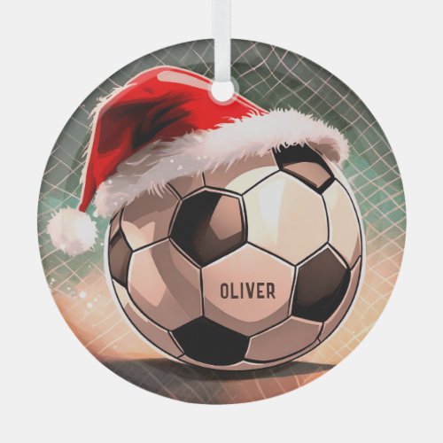 Soccer Ball with Red Santa Hat Name Christmas Glass Ornament