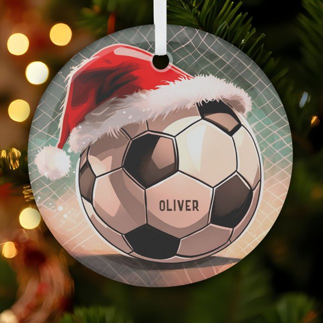 Soccer Ball with Red Santa Hat Name Christmas Glass Ornament (Creator Uploaded)