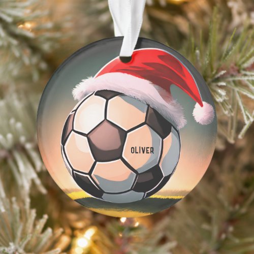 Soccer Ball with Red Santa Hat Name Christmas Ornament