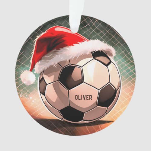 Soccer Ball with Red Santa Hat Name Christmas Ornament