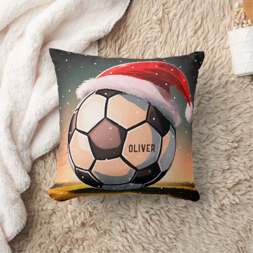 Soccer Ball with Red Santa Hat Name Christmas Throw Pillow
