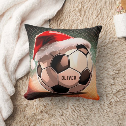 Soccer Ball with Red Santa Hat Name Christmas Throw Pillow