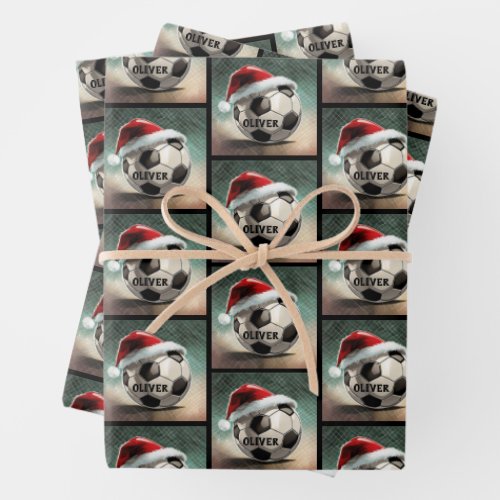 Soccer Ball with red Santa Hat Name Wrapping Paper Sheets