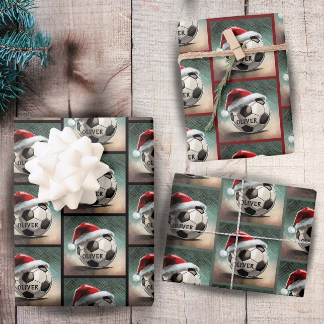 Soccer Ball with red Santa Hat Name Wrapping Paper Sheets (Creator Uploaded)