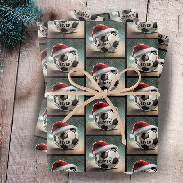 Soccer Ball with red Santa Hat Name Wrapping Paper Sheets (Creator Uploaded)