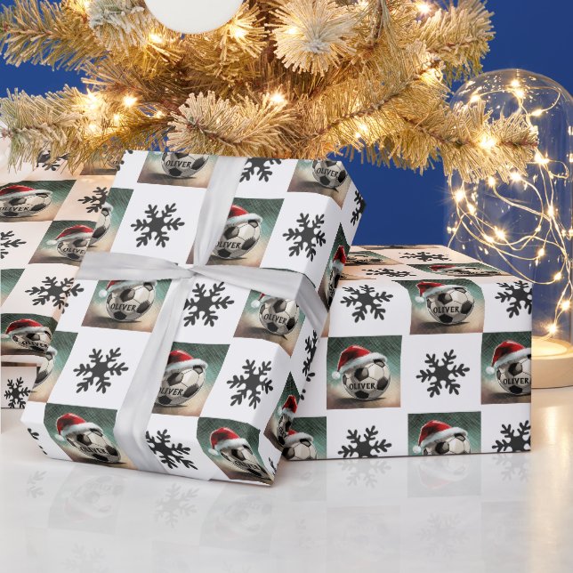 Soccer Ball with red Santa Hat Snowflake Name Wrapping Paper (Holidays)