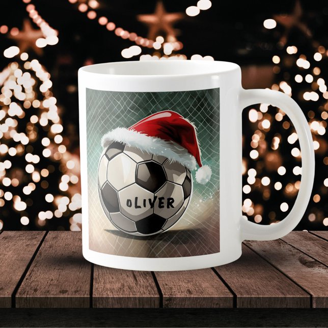 Soccer Ball with Santa Hat Name Coffee Mug (Creator Uploaded)