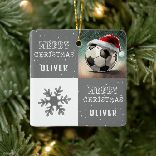 Soccer Ball with Santa Hat Snowflake Ceramic Ornament