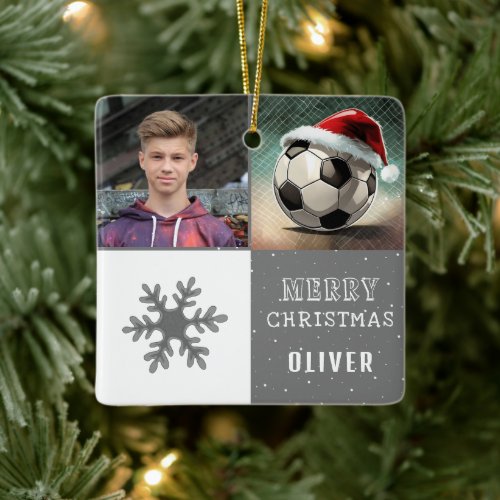 Soccer Ball with Santa Hat Snowflake Photo Ceramic Ornament