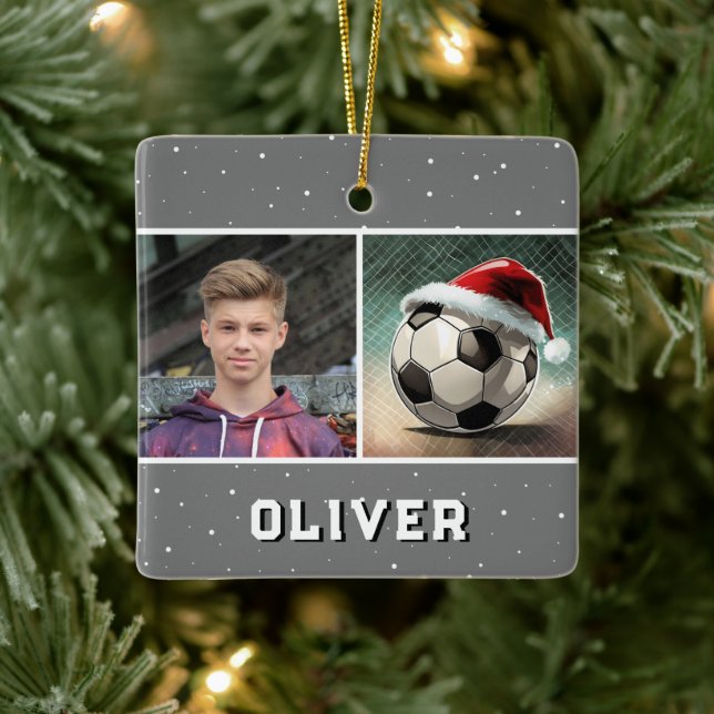Soccer Ball with Santa Hat Snowflake Photo Ceramic Ornament (Tree)