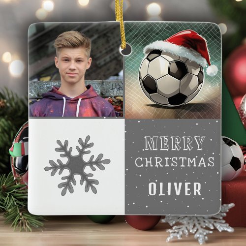 Soccer Ball with Santa Hat Snowflake Photo Ceramic Ornament
